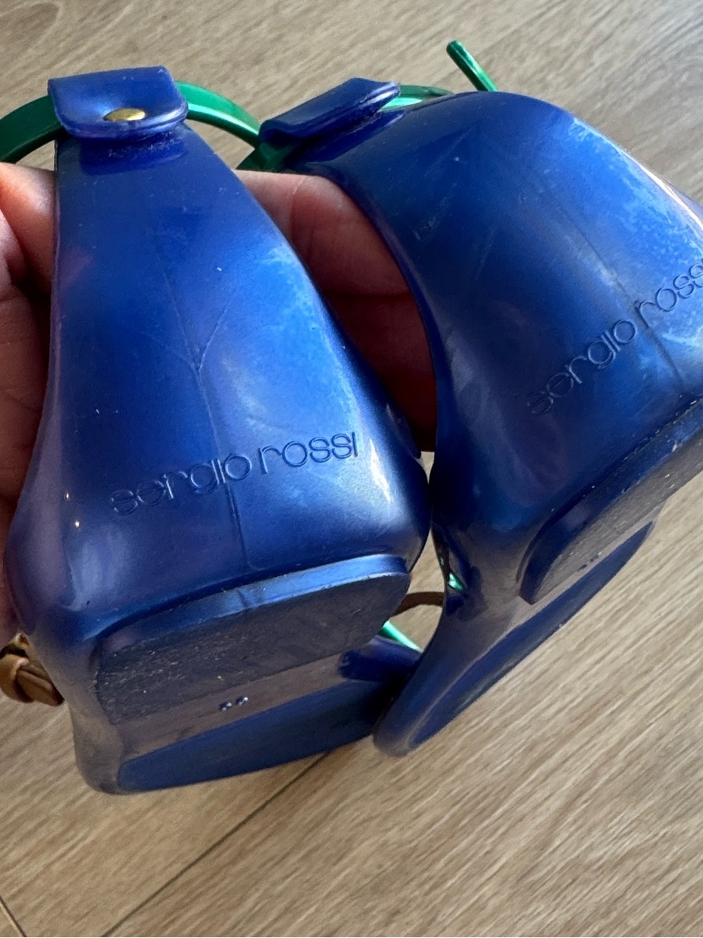 VINTAGE Sergio Rossi Jelly Sandals Cleo Green Blue Tan Colorblock Size 36 - Picture 10 of 11
